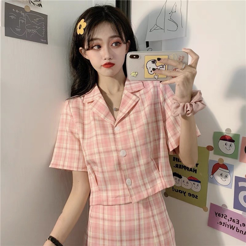 Set áo sơ mi caro ngắn tay + chân váy chữ A có lót lụa
