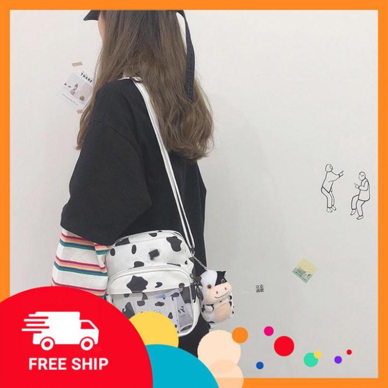 Túi Đeo Chéo Vải Bố Canvas Hoạ Tiết Bò Sữa Siêu Đáng Yêu