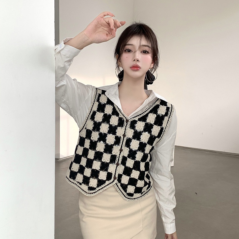 Áo khoác cardigan không tay cổ chữ V họa tiết sọc caro thời trang cho nữ