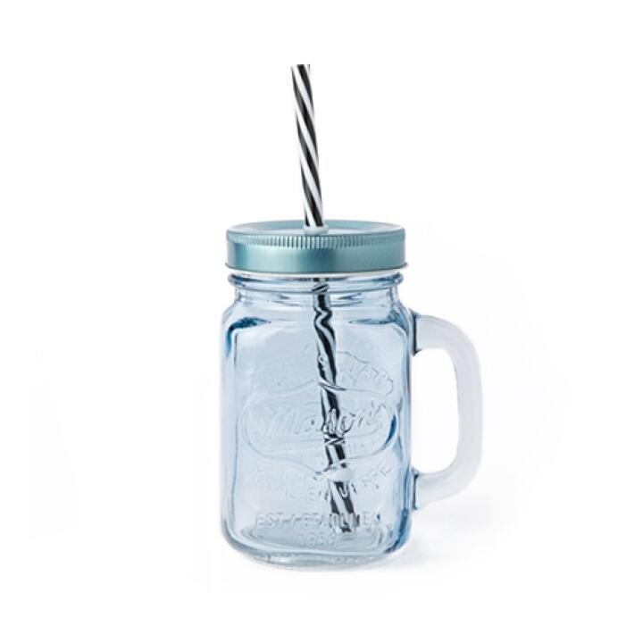 Cốc Thủy Tinh ARTBOX Hàn Quốc Mason Jar Có Ống Hút Màu Xanh Dương Navy