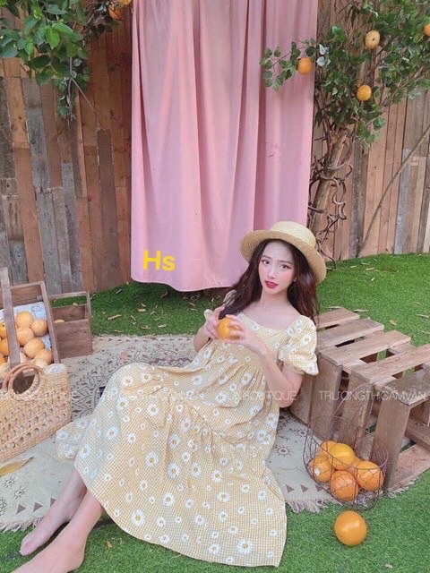 Váy hoa đũi babydoll ngắn tay dáng xoè rộng bầu bí mặc ok
