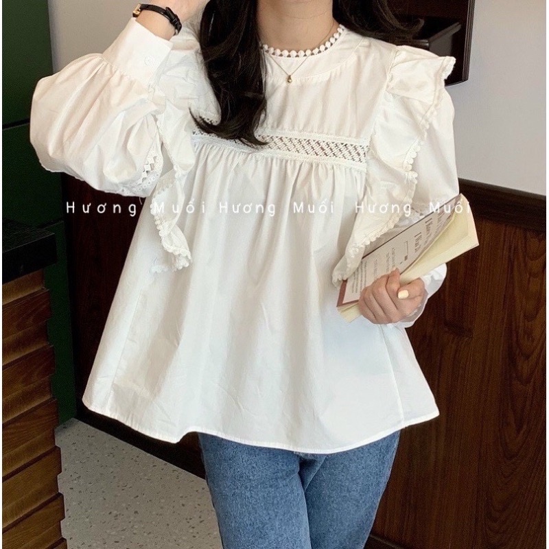 Áo babydoll bèo cánh tiên cổ hơi V nhẹ-ảnh thật