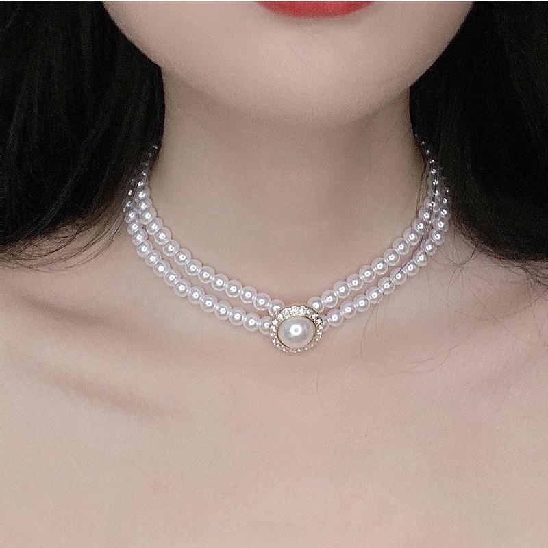 Vòng cổ ngọc trai nhân tạo 2 lớp phong cách sang chảnh quý tộc, dây chuyền ngọc trai