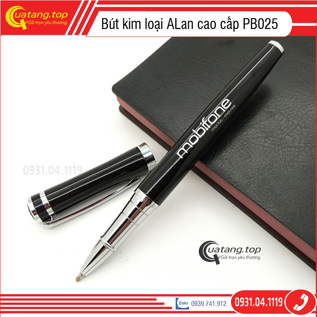 Bút ký cao cấp Alan nắp bật viền bạc PB025 ngòi bi nhọn 0.5mm Mực xanh khắc tên làm Quà tặng sếp bạn bè thầy cô giáo