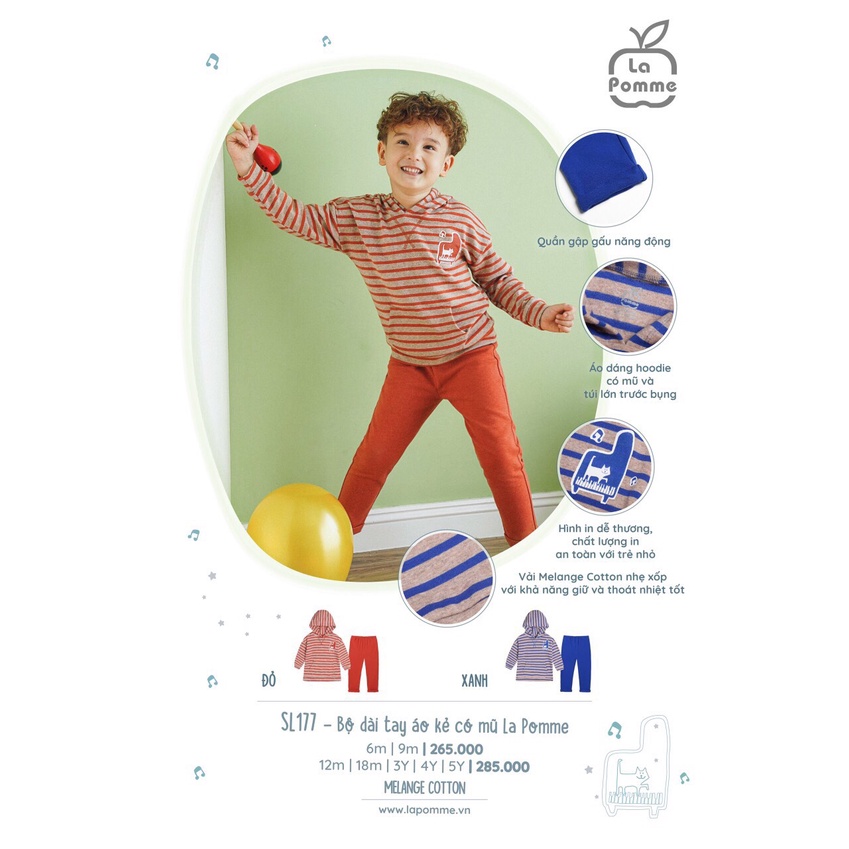 [CHÍNH HÃNG] Bộ dài tay áo dáng hoodie kẻ cotton mềm mại có mũ trẻ em La Pomme