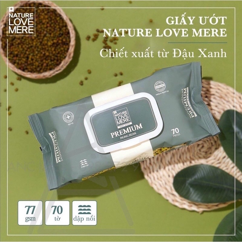 (Chính hãng) Khăn giấy ướt nature love mere chiết xuất đậu xanh (Bịch 70 tờ)-Giấy ướt kháng khuẩn