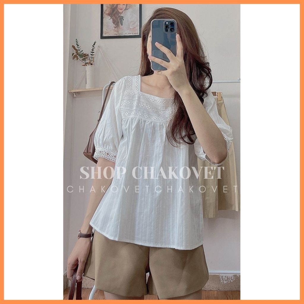 Áo sơ mi nữ cộc tay A829 kiểu cổ vuông phối họa tiết thêu mặc đẹp thoáng mát dáng xinh phù hợp đi làm đi học đi chơi