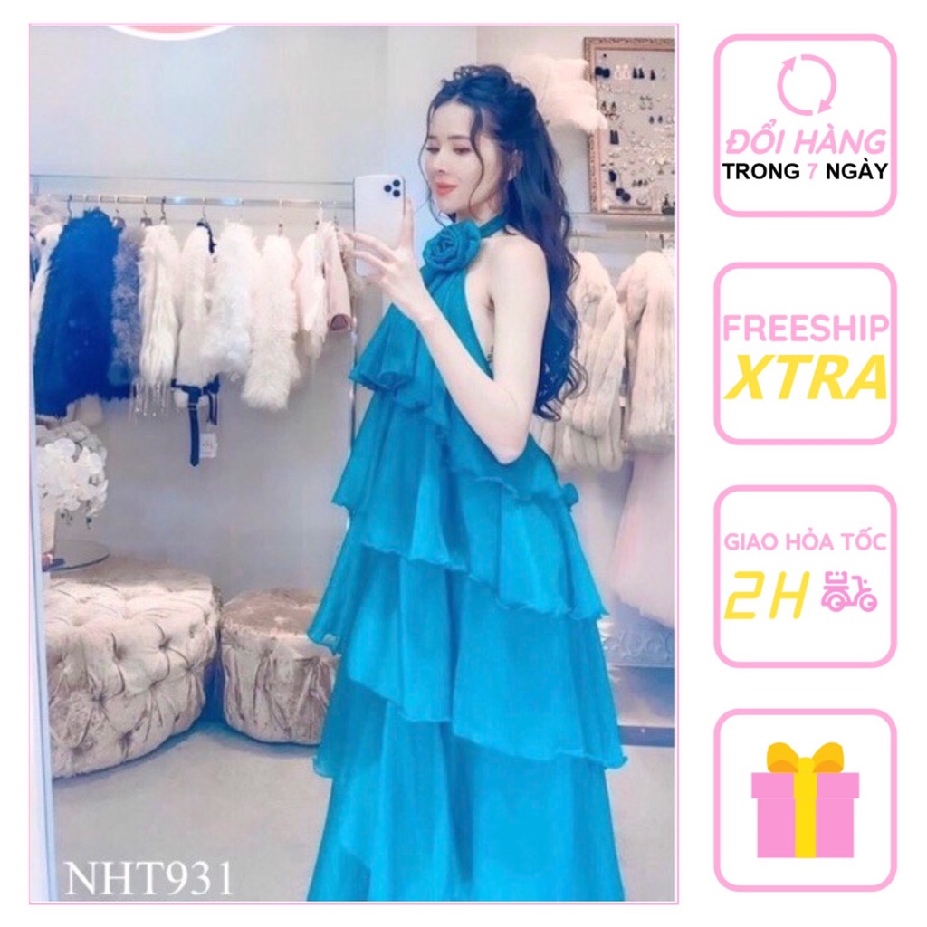 [FREESHIP 50K]  Đầm Maxi NHISTORE Cổ Yếm Bèo 5 Tầng Đính Bông Sang Chảnh Vải Voan Freesize Dưới 57kg