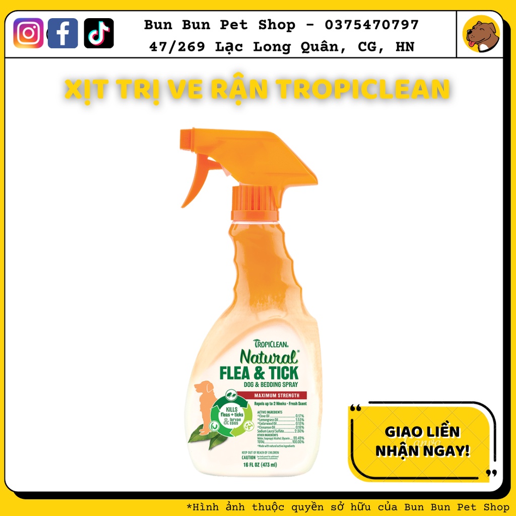 473ml - Xịt diệt ve, rận cho Chó &amp; Mèo thành phần thiên nhiên - TropiClean Natural Flea &amp; Tick Dog &amp; Bedding Spray 5.0