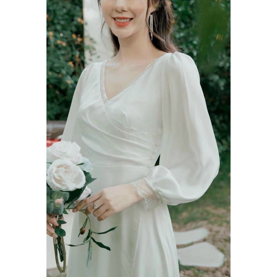 Đầm đẹp thiết kế dự tiệc váy nữ cô dâu trắng đi ăn tiệc cưới midi xòe dáng dài thanh lịch sang trọng K N Boutique