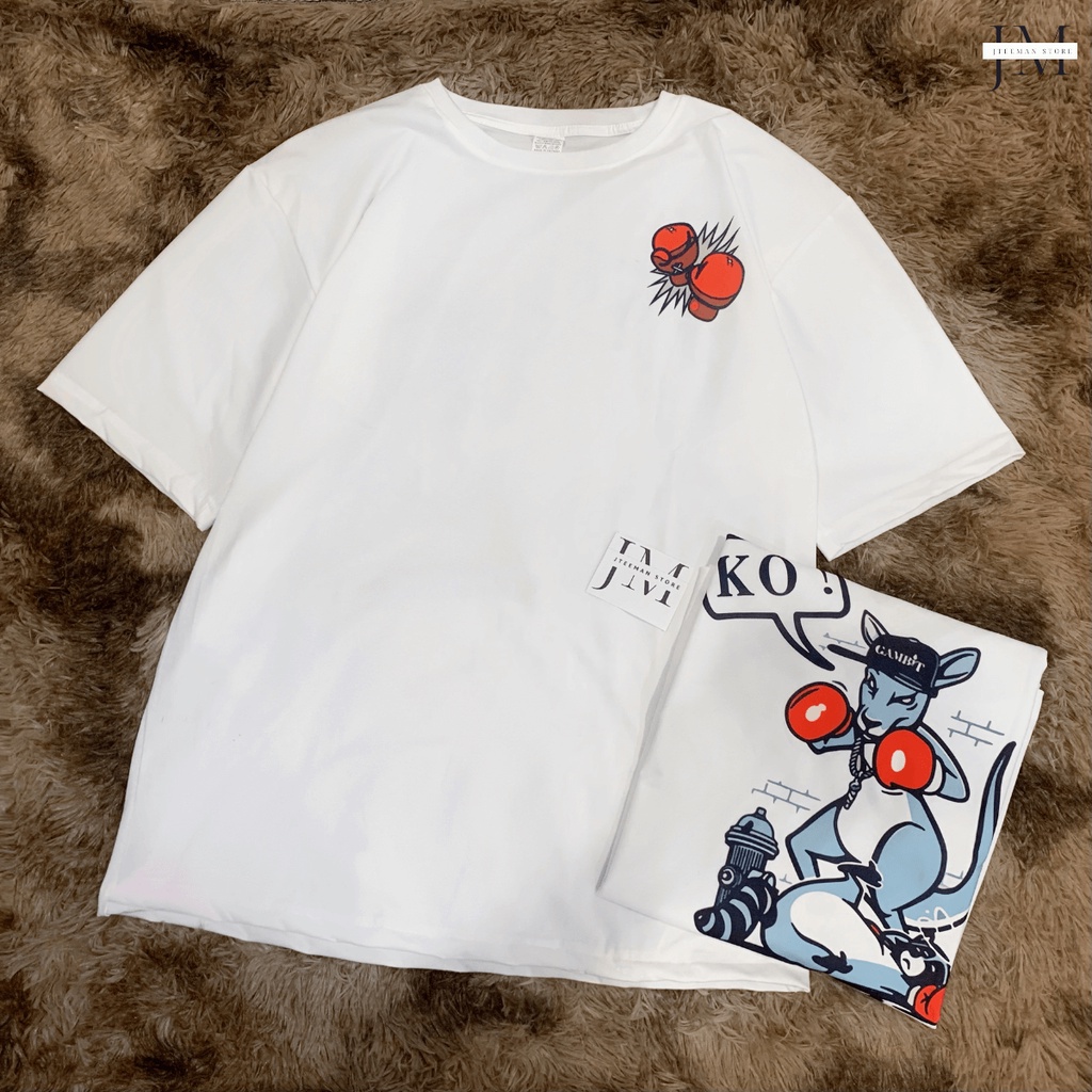 Áo thun Unisex tay lỡ nam nữ JTeeMan, áo phông form rộng nam nữ vải cotton in hình Kangaroo đấm bốc dễ thương - JT15