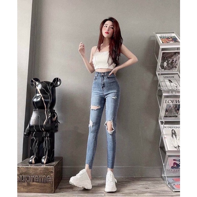 Quần jean dài ôm khoét đùi và gối đáy cao TT0906