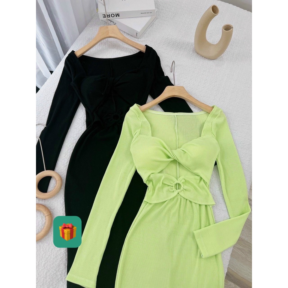 Đầm tay dài cổ vuông xoắn ngực khoen eo dáng dài ôm body cực xinh , chất thun gân dày dặn