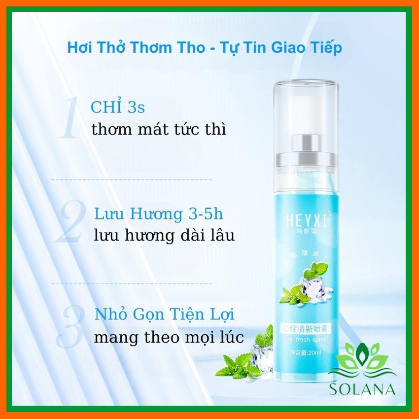 [HCM] Xịt Thơm Miệng HEYXI Vị Đào, Bạc Hà Thơm Mát, Giảm Hôi Miệng, Ngừa Vi Khuẩn Khoang Miệng Lưu Hương Thơm Mát SOLANA