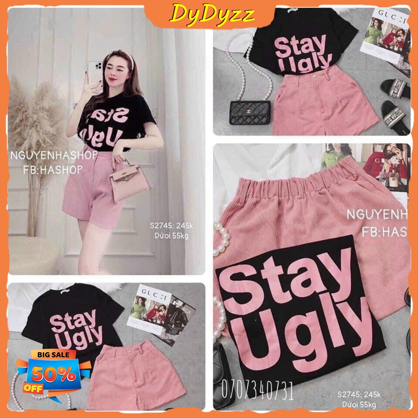 [Sales FreeShip] Set Bộ Áo Cotton In Chữ Stay Kèm Quần Xinh Xắn Cho Chị Em Phụ Nữ Năm 2022
