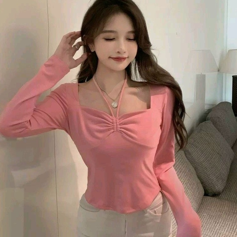 Áo thun nhíu ngực Tay dài phối dây đeo cổ dễ thương (A15)