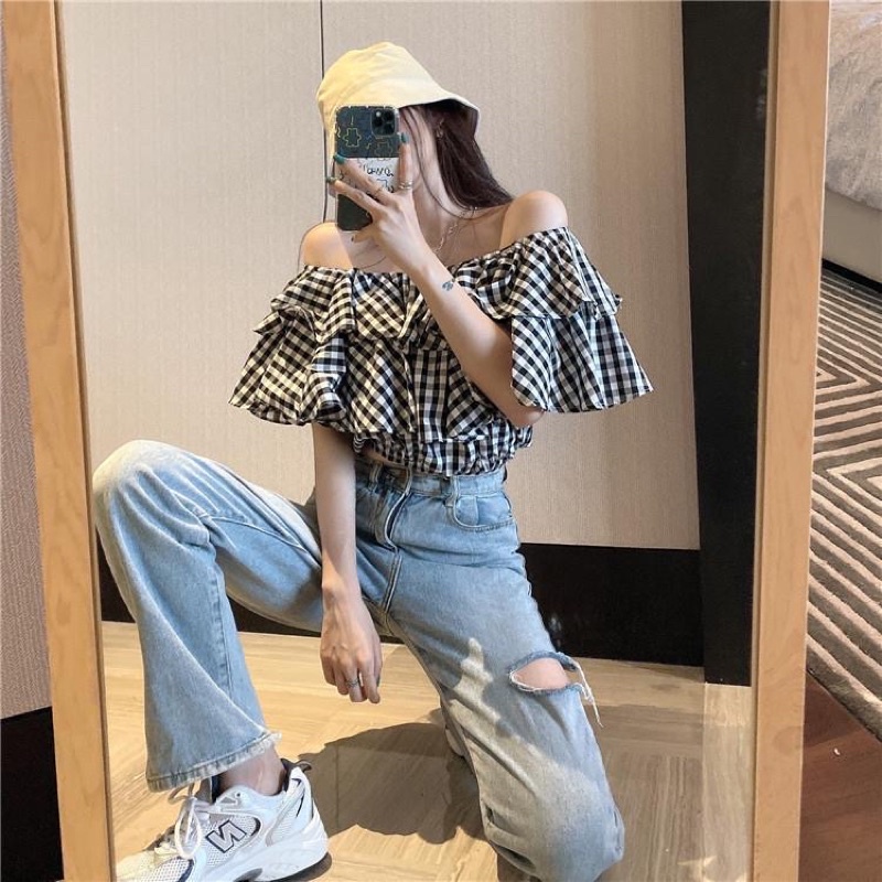 Áo Trễ Vai Sọc Caro Tiểu Thư Siêu Đẹp Mặc Được Nhiều kiểu