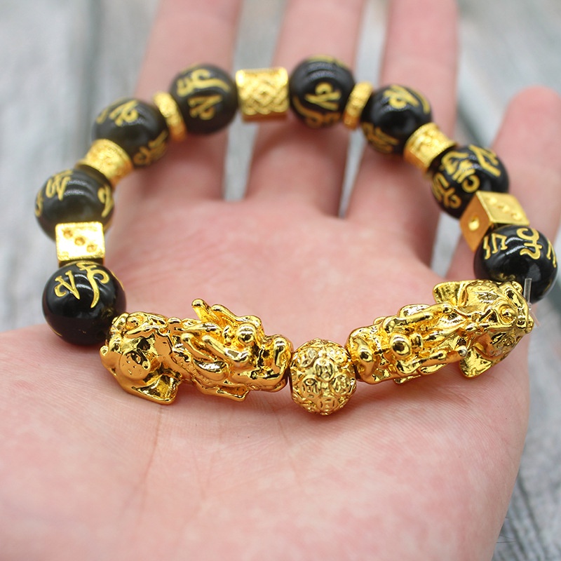 Vòng Tay Chuỗi Hạt Đá Obsidian Màu Vàng Đen Pixiu May Mắn Cho Nam Và Nữ