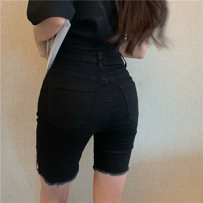 Quần Short Denim Màu Đen Lưng Cao Dáng Ôm Rách Cá Tính Cho Nữ