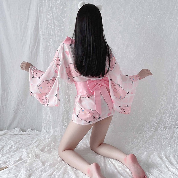 Cosplay kimono xẻ ngực sexy quyến rũ áo choàng ngủ kimono cao cấp in hình bé heo - thỏ đáng yêu BIKI HOUSE N743