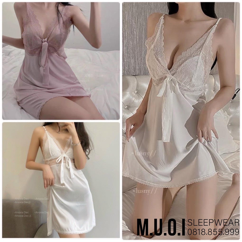 [FREESHIP] Váy ngủ sexy QCCC- Sx 117 Váy ngủ thắt nơ ngực lụa satin QCCC Muối Sleepwear