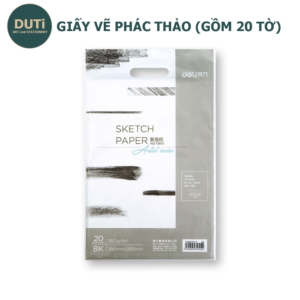 Giấy vẽ phác thảo chuyên dụng Deli 265x380mm - 110gsm gồm 20 tờ - 1 tập Vẽ mỹ thuật vẽ chì