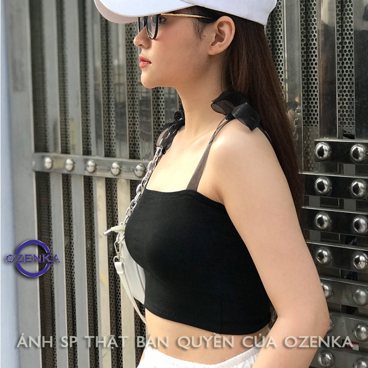 Áo croptop trên phối dây voan , áo hai dây kiểu thắt nơ ruy băng thun gân mịn mát hai dây điều chỉnh được OZENKA 155 | BigBuy360 - bigbuy360.vn