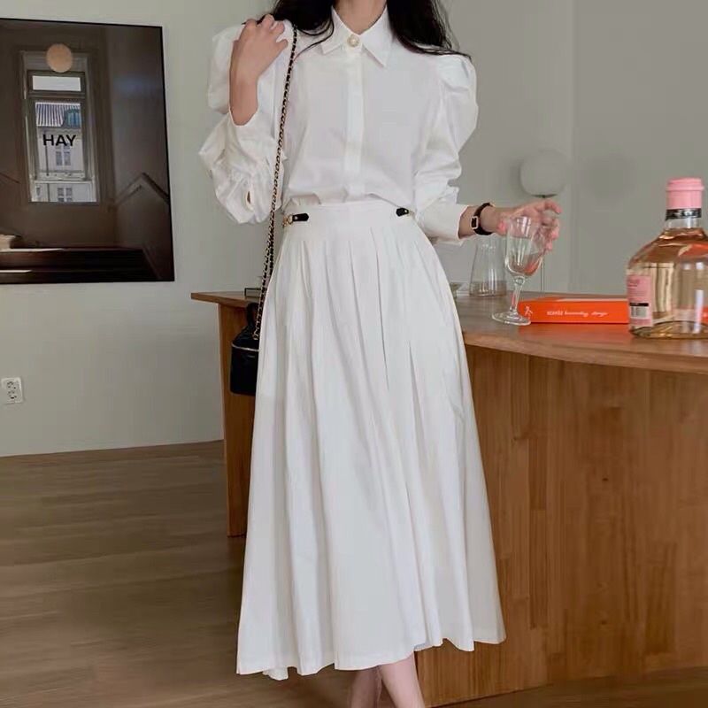 Set áo sơ mi chân váy midi đính eo