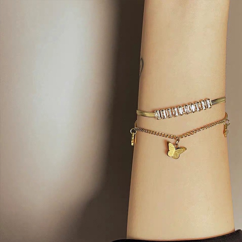 Vòng Tay Hai Lớp Bằng Thép Titan Mặt Bướm Đính Đá Zircon Thời Trang