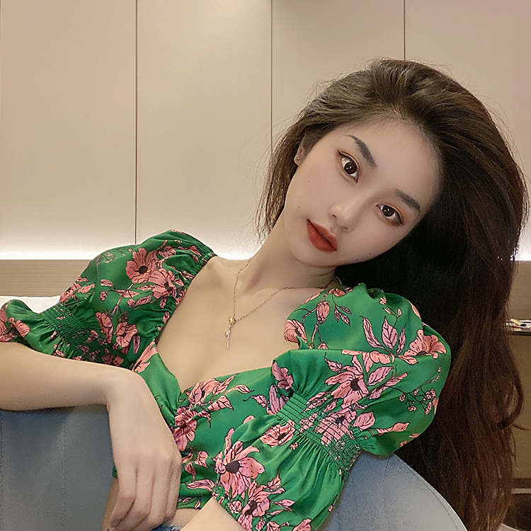 DUNEA Áo kiểu cổ vuông họa tiết hoa phong cách retro gợi cảm thời trang cho nữ