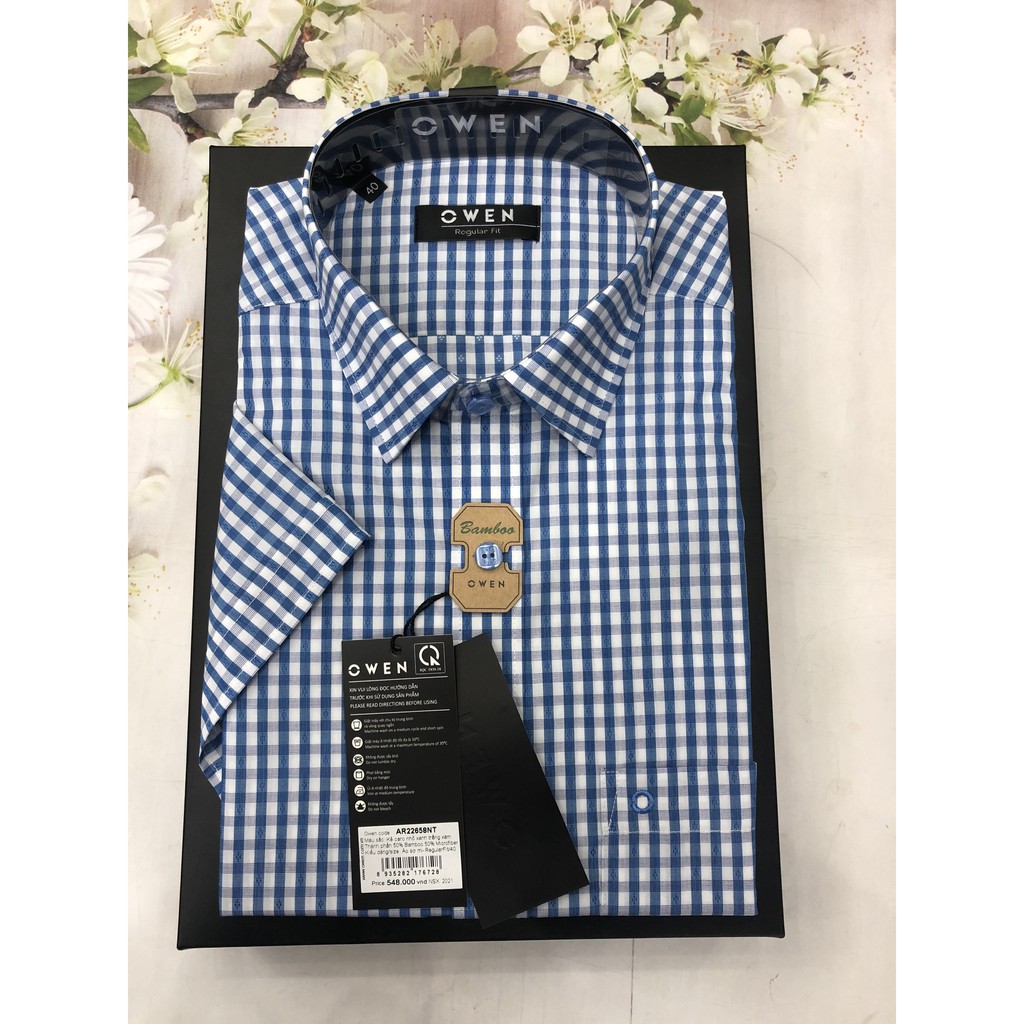 ÁO SƠ MI NGẮN TAY OWEN MÃU MỚI 2021 KẺ CARO NHỎ XANH XÁM AR22658