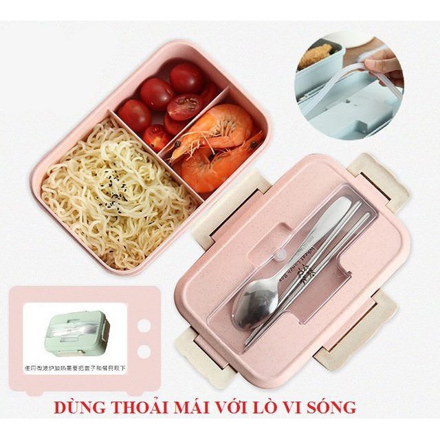 Hộp cơm lúa mạch 3 ngăn kèm đũa thìa ( hộp đựng thức ăn)