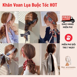 Khăn Lụa Ruy Băng Hàn Quốc, Dây Buộc Tóc Vải Voan in Hoa Cho Nữ