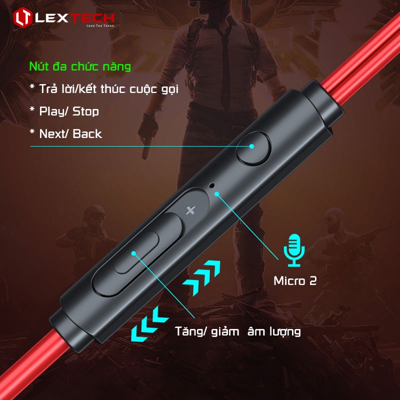Tai nghe gaming nhét tai có dây mic tháo lắp Lextech TG600 âm thanh nổi chống ồn chống nhiễu cho game thủ