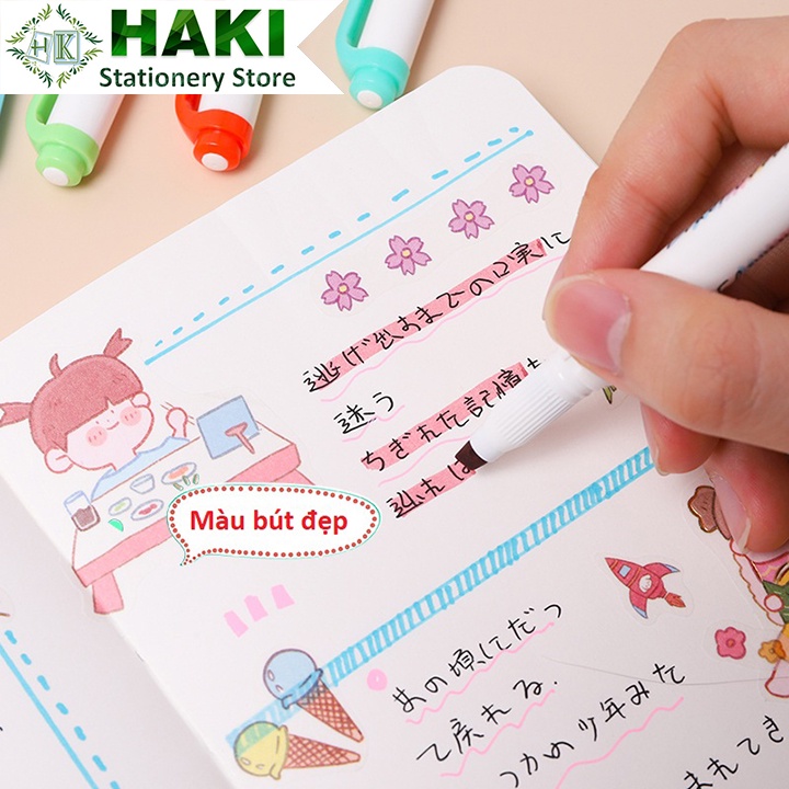 Bút highlight pastel dạ quang 2 đầu HAKI, bút đánh dấu nhớ dòng marker bullet journal nhiều màu B56