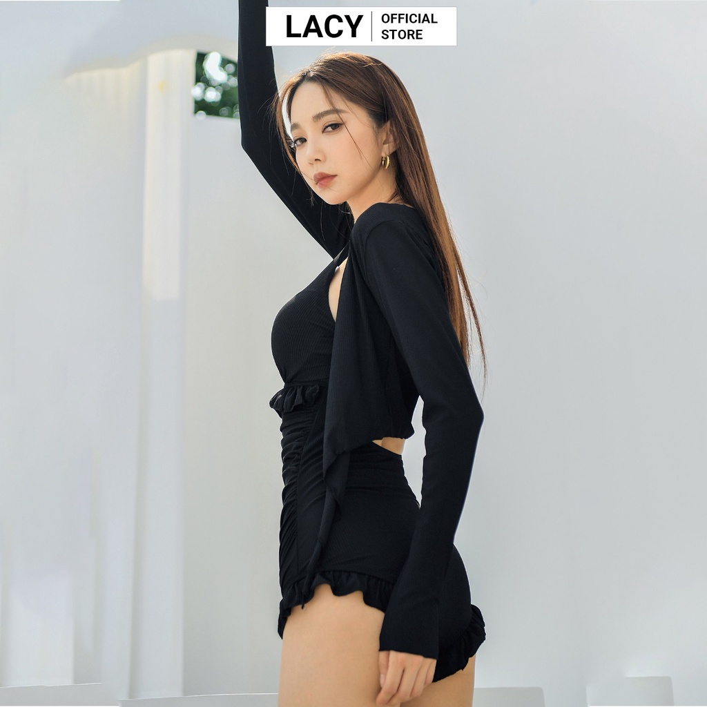Bộ đồ bơi bikini nữ liền thân có mút nâng ngực hở lưng kèm áo khoác ngoài dài tay che nắng che bắp tay đen ghi B161LACY
