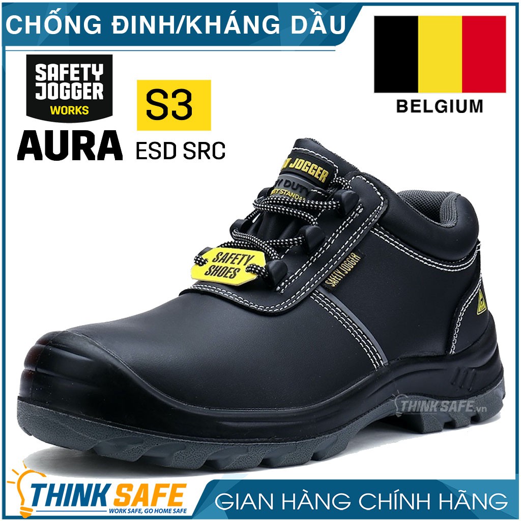 Giày bảo hộ Safety Jogger Aura S3 da bò cao cấp siêu bền, chống tĩnh điện, cấu tạo phi kim cổ thấp (đen)