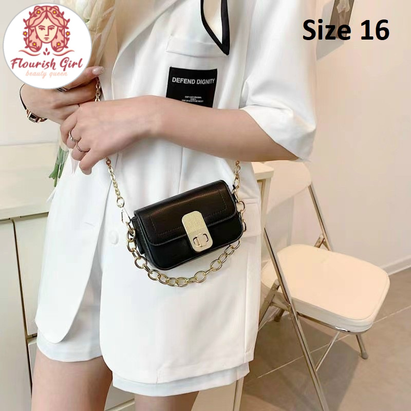 Túi đeo chéo CNK trơn basic chất liệu da mịn dây quai xích khóa xoay 2 size cực xinh xắn