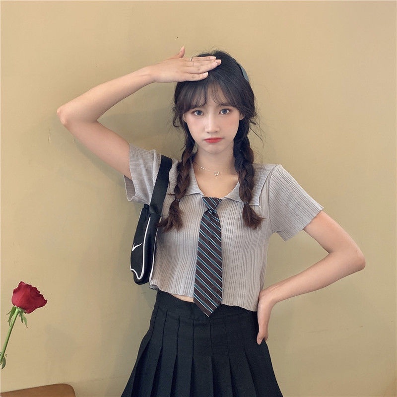 Áo Thun polo Dệt Kim Tay Ngắn Vải Lụa Lạnh Mỏng Phối Cà Vạt Kiểu Retro Thời Trang Mùa Hè Cho Nữ