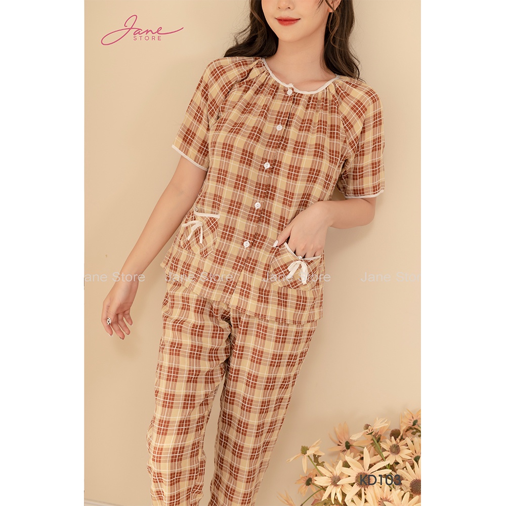Bộ đồ ngủ áo cộc quần dài mùa hè chất thô đũi mềm mát Bộ đồ kẻ áo cộc quần dài kẻ viền cổ trắng Jane mã KD10