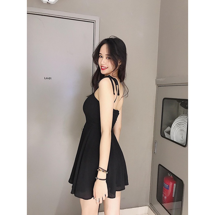 Đầm/Váy 2 Dây Thắt Nơ Vai Lưng Chun, Váy Xoè Hai Dây Chun Lưng