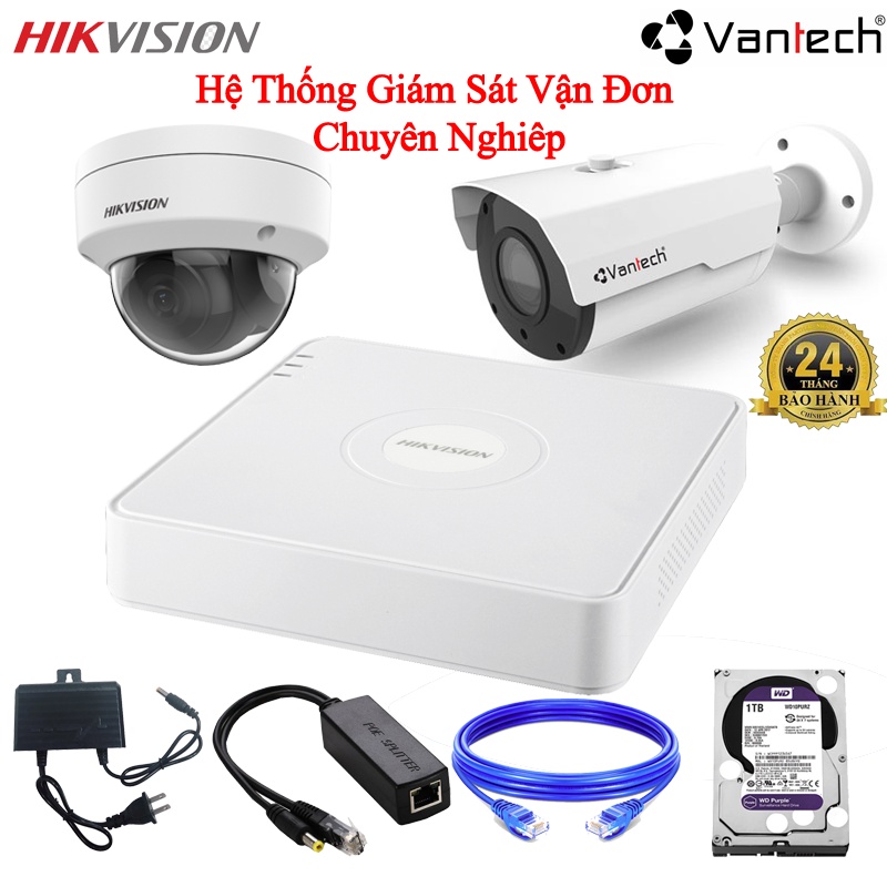 Trọn bộ hệ thống 2 Camera giám sát và soi vận đơn chuyên nghiệp Hikvision Vantech Full HD 1080P Lưu trữ từ 1-3 tháng.