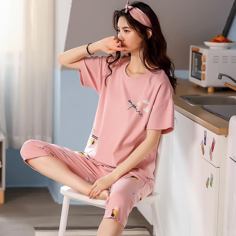 Bộ cotton mặc nhà Quảng Châu cộc tay quần lửng co giãn 4 chiều