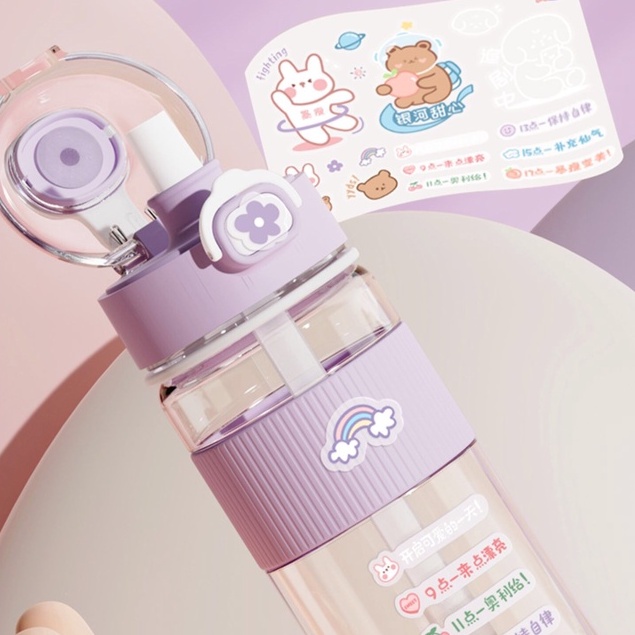 Bình nước đi học dễ thương 720ml cao cấp cute có ống hút lớn kiểu dáng Hàn Quốc đi học tặng sticker mẫu mới