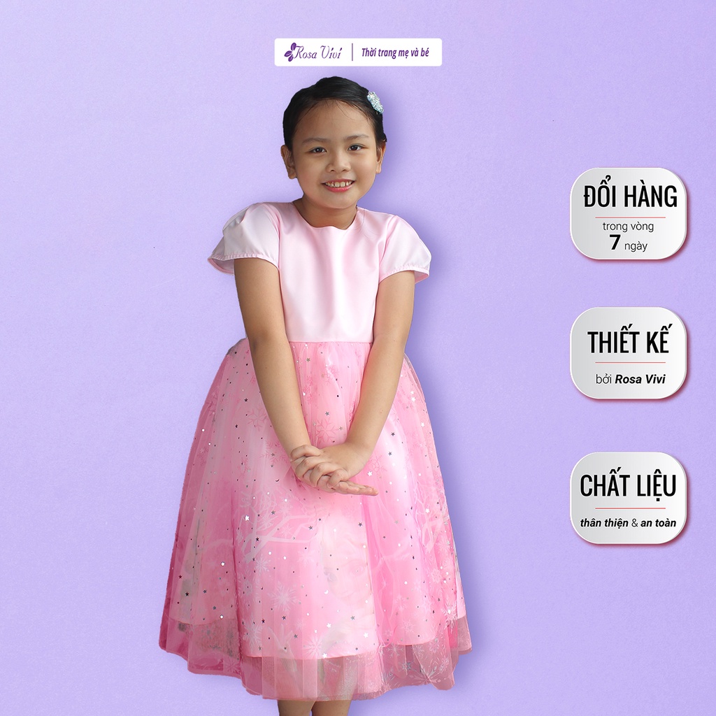 Đầm Elsa bé gái thiết kế Rosa Vivi chất voan lưới in hình chìm đính kim tuyến trăng sao
