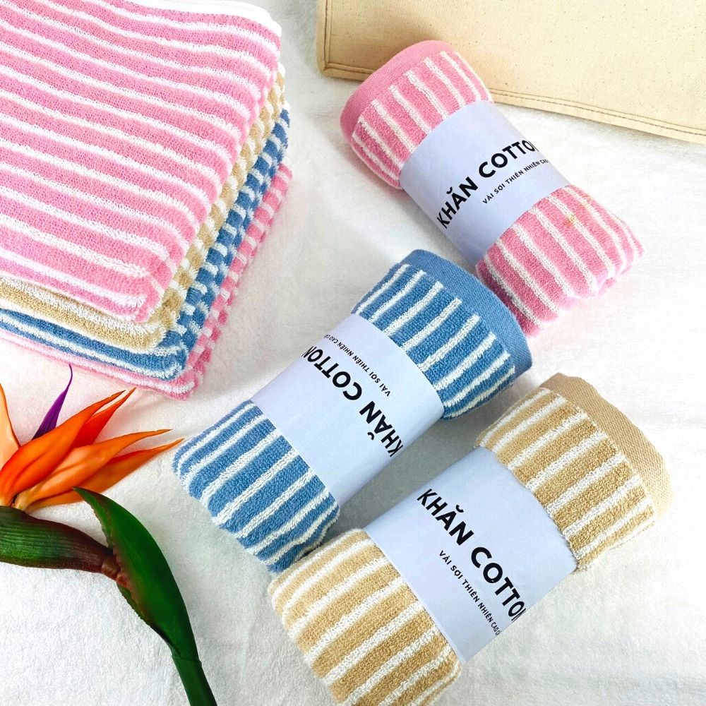 Khăn Tắm Cotton Cao Cấp Sọc Dọc Thiện Phú 60*120*345g, Khăn Đa Năng L379 Bông Sợi Tự Nhiên Thấm Nước Tốt