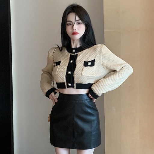 Bộ Áo Cardigan Dệt Kim Dáng Ngắn Phối Màu Tương Phản + Chân Váy pu Lưng Cao Thời Trang Hàn Quốc Cho Nữ
