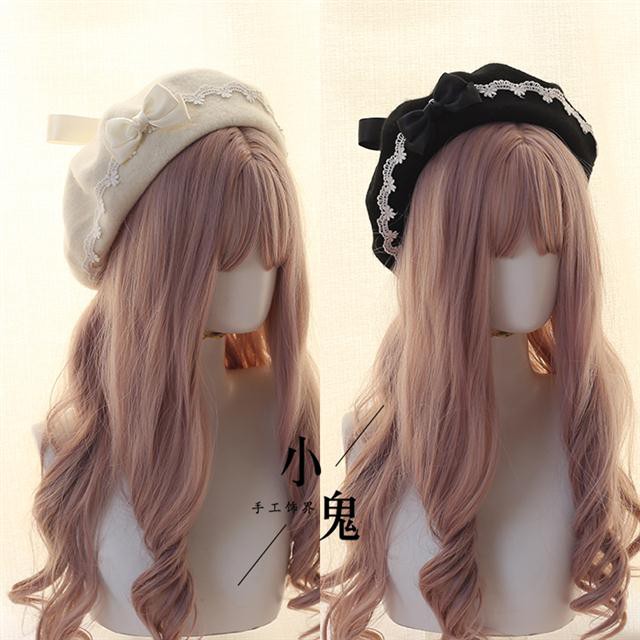 Mũ Nồi Len Phối Ren Đính Nơ Thủ Công Kiểu lolita Nhật Bản Thời Trang Thu Đông Ấm Áp Cho Nữ