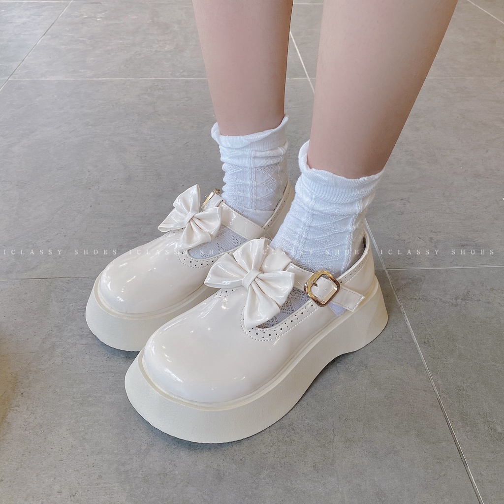 Giày Lolita Nữ Ulzzang Vintage, Giày Oxford Da PU Cao Cấp Gắn Nơ Quai Gài Dây Mảnh Đế Độn 5cm, Hàn Quốc - Iclassy_shoes