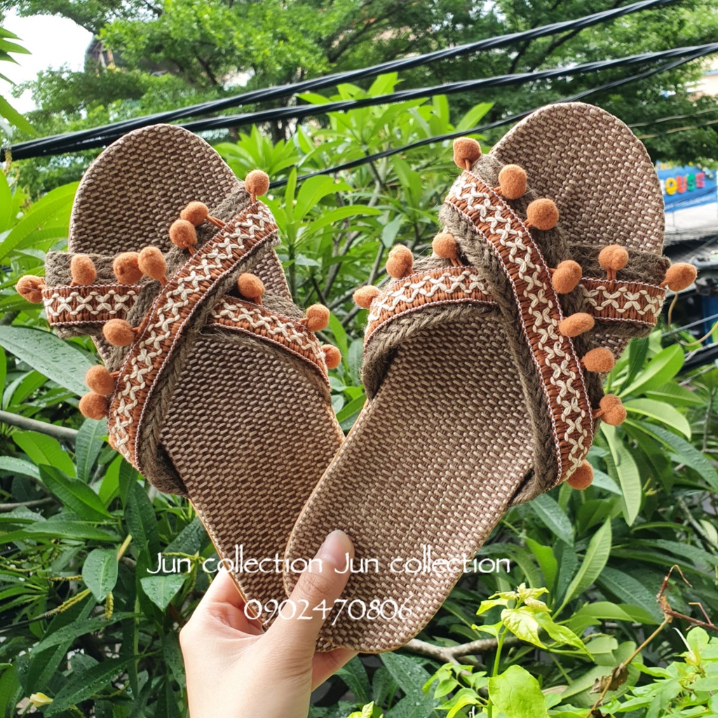 Dép cói quai chéo tua rua vintage handmade - mang nhà - đi biển - dạo phố